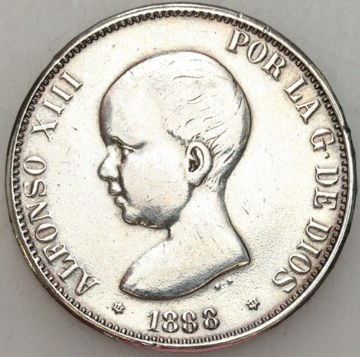 Zdjęcie oferty: Hiszpania, 5 Pesetas 1888 MSM Ag