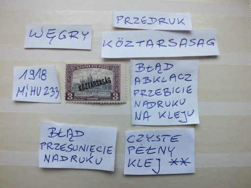 Zdjęcie oferty: znaczki ** BŁĄD Abklacz KOZTARSASAG  1918r. Węgry