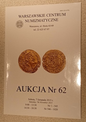 Zdjęcie oferty: WARSZAWSKIE CENTRUM NUMIZMATYCZNE, WCN, AUKCJA 62.