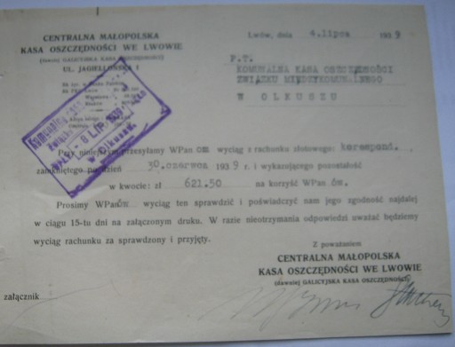 Zdjęcie oferty: Lwów Kasa Osczędności Olkusz Komunalna Kasa 1939 r