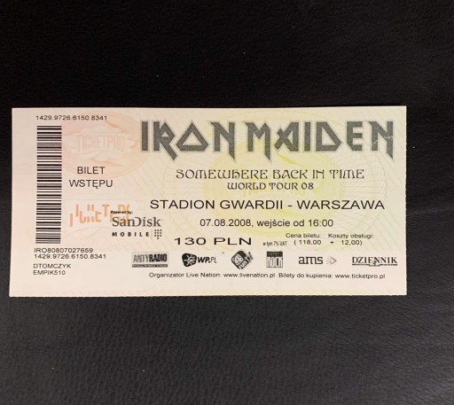 Zdjęcie oferty: Bilet z koncertu IRON MAIDEN  07.08.2008