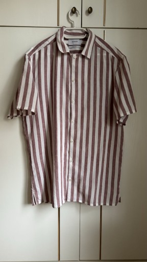 Zdjęcie oferty: Koszula z krótkim rękawem męska w paski Reserved L biała brudny róż bawełna