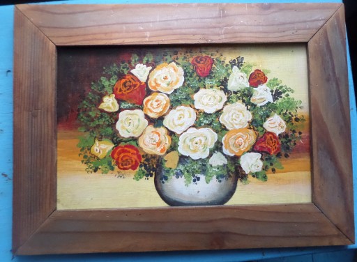 Zdjęcie oferty: Róże w wazonie-stary obraz olejny na tekturze-w ramie