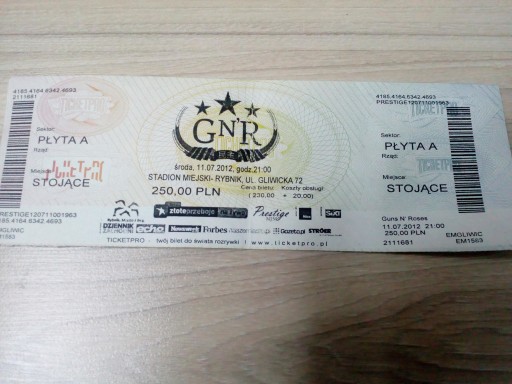 Zdjęcie oferty: Guns n Roses - bilet z koncertu w 2012 roku w Rybn
