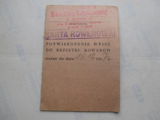Zdjęcie oferty: Karta rowerowa PRL 1955 r
