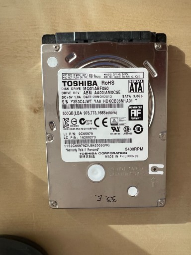 Zdjęcie oferty: TOSHIBA 500GB HDD 2,5 MQ01ABF050 NR 33