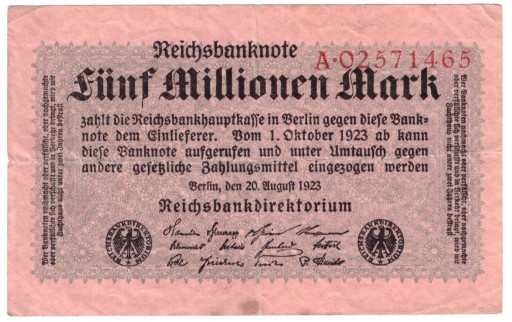 Zdjęcie oferty: Niemcy, banknot 5 milionów marek 1923 - st. 3