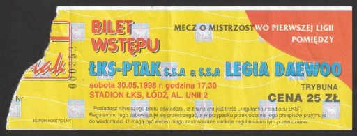 Zdjęcie oferty: bilet mecz liga polska - ŁKS - Legia - 1998 