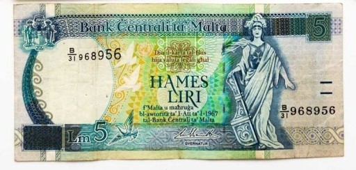 Zdjęcie oferty: Banknot 5 lira maltańska Malta 1994 P.46