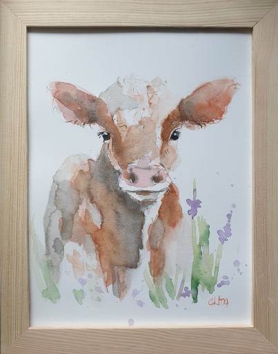 Zdjęcie oferty: Akwarela ręcznie malowana "Krowa" + rama 18x24cm