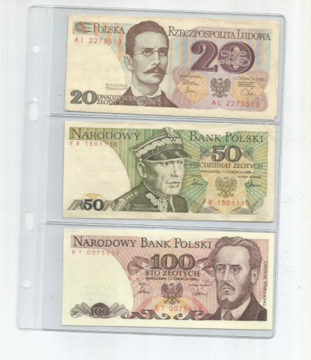Zdjęcie oferty: Zestaw banknotów z PRL, 20 zł, 50zł, 100zł - UNC