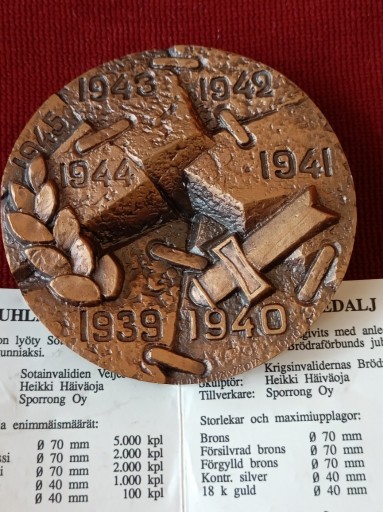 Zdjęcie oferty: Finlandia, Medal, Brons.