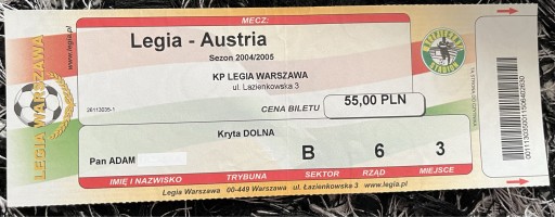 Zdjęcie oferty: Bilet kolekcjonerski Legia - Austria