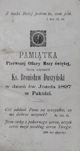 Zdjęcie oferty: Pamiątka mszy św. prymicyjnej Duszyński 1897 