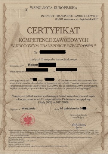 Zdjęcie oferty: Certyfikat kompetencji zawodowych SPEDYCJA, rzeczy