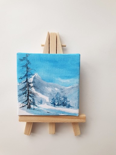 Zdjęcie oferty: Mini obraz zima las góry pejzaż ręcznie malowany 