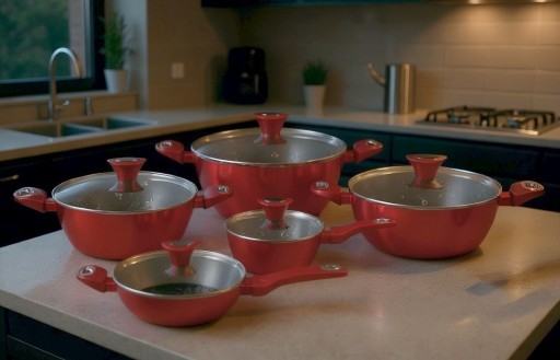 Zdjęcie oferty: Garnki czerwone nowość zestaw garnków 12el indukcja gaz duży komplet nowe