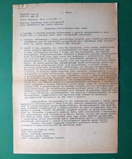 Zdjęcie oferty: Komunikat SOLIDARNOŚĆ PGR Stara Dąbrowa 1981podpis