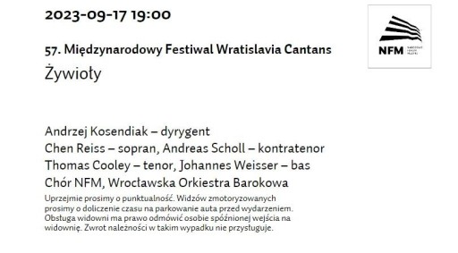 Zdjęcie oferty: Dwa bilety na koncert Żywioły Festiwal Wratislavia