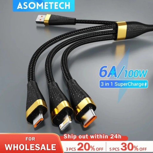 Zdjęcie oferty: ASOMETECH kabel USB 3w1 6A  100w  dł. 1,2 m.