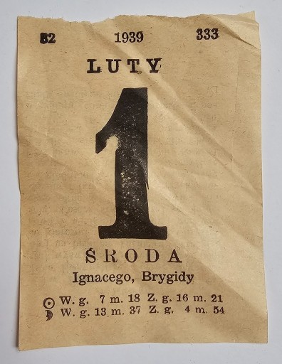 Zdjęcie oferty: Kartka z kalendarza 1 luty 1939