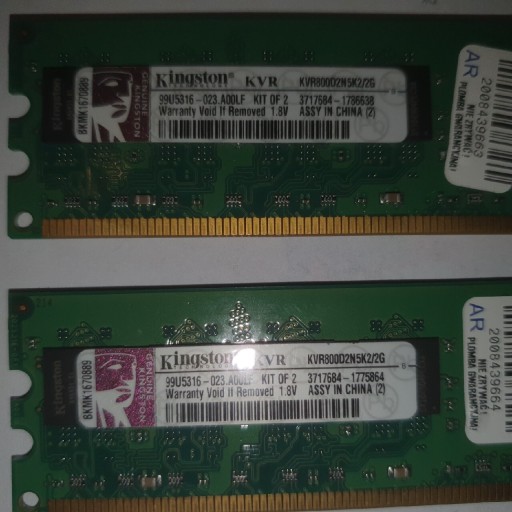 Zdjęcie oferty: Pamięć ram kingston 2GB(2x1GB) 800MHz