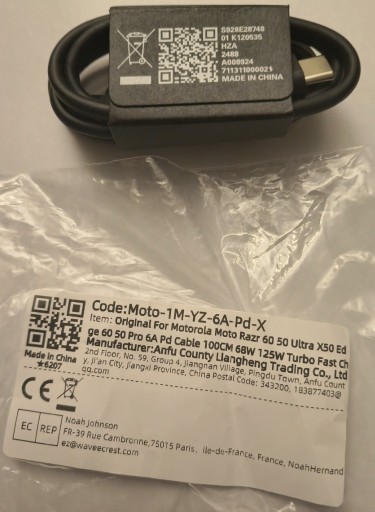 Zdjęcie oferty: Oryginalny Kabel MOTOROLA Turbo Power 2XUSB-C 1m 6 A 68W 125W