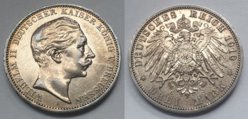 Zdjęcie oferty: Prusy 3 Marki 1910 "Wilhelm II" 