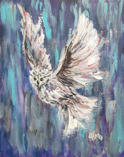 Zdjęcie oferty: Obraz ręcznie malowany  24x30cm ptaki pejzaż sowa