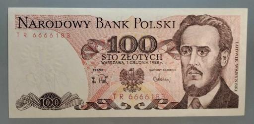 Zdjęcie oferty: 100 zł 1988 seria TR 6666xxx (UNC)