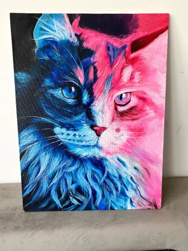 Zdjęcie oferty: obraz ręcznie malowany kot niebiesko różowy