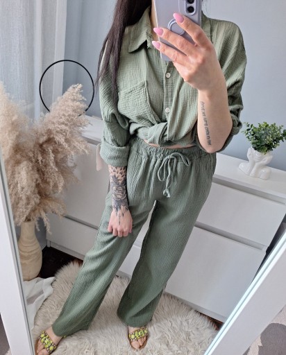 Zdjęcie oferty: Muślinowy komplet khaki koszula oversize uni 