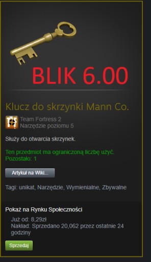 Zdjęcie oferty: Klucz TF2 Mann Co. Supply Crate Key Team Fortress2