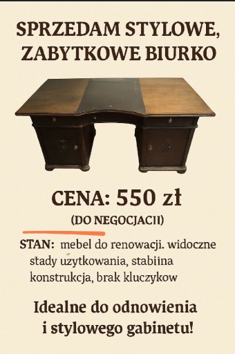 Zdjęcie oferty: stylowe, zabytkowe biurko – idealne do renowacji