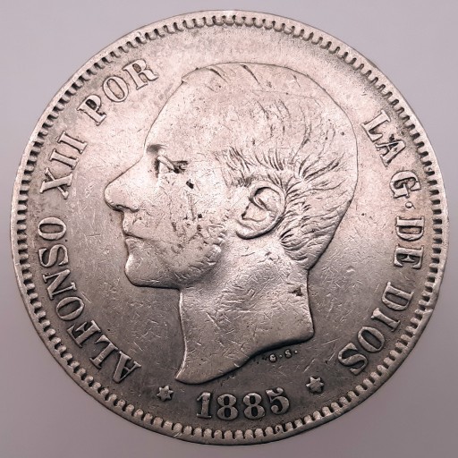 Zdjęcie oferty: Hiszpania 1885 5 peset, srebro (1)