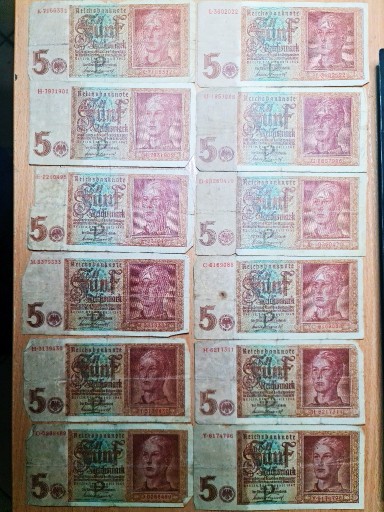 Zdjęcie oferty: Niemcy 12 x Banknotów 5 Reichsmark 1942