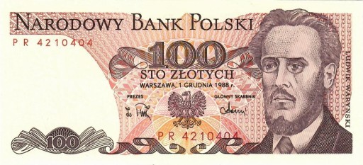 Zdjęcie oferty: Banknot 100 zł 1988 seria PR stan bankowy UNC