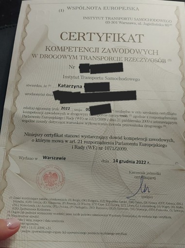 Zdjęcie oferty: Certyfikat kompetencji zawodowych.Transport rzeczy