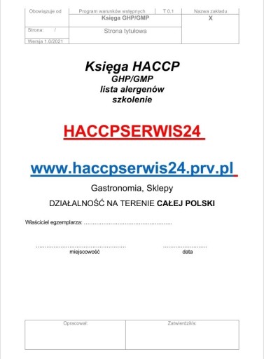 Zdjęcie oferty: Księga HACCP, GHP/GMP, lista alergenów, szkolenie 
