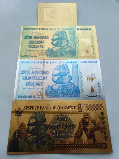 Zdjęcie oferty: Banknoty pozłacane 24k - 3 szt. ZIMBABWE 