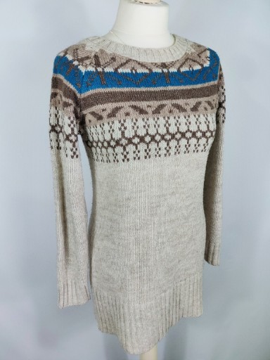 Zdjęcie oferty: Długi beżowy kremowy sweter sweterek we wzory dzianinowy długi rękaw M/L