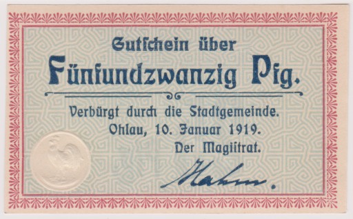 Zdjęcie oferty: Ohlau (Oława), 25 Pf, 10.01.1919 (129406)