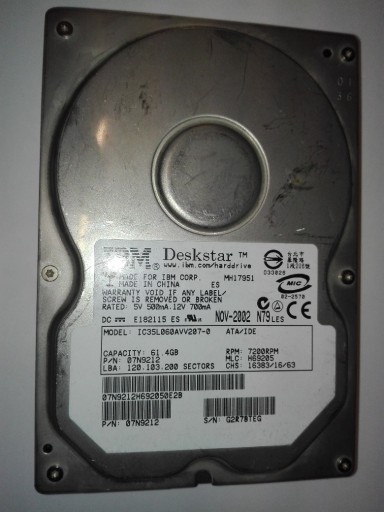 Zdjęcie oferty: Dysk twardy IBM IC35L060AVV207-0 61,4GB Ata 7200RP