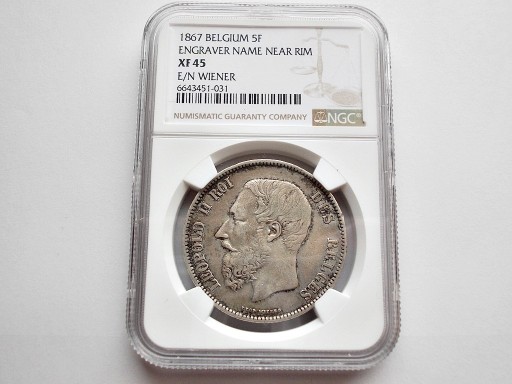 Zdjęcie oferty: BELGIA, 5 Franków 1867 r. L.WIEEER rzadka RR, NGC