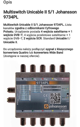 Zdjęcie oferty: Multiswitch Unicable II 5/1 Johansson 9734 PL