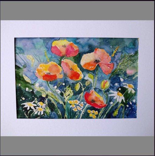 Zdjęcie oferty: Obraz ręcznie malowany akwarela Wiosenna łąka białe passe-partout 40x30 cm