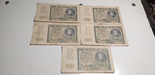 Zdjęcie oferty: Zestaw 5 sztuk banknotów Polskich 5 zł 1941r