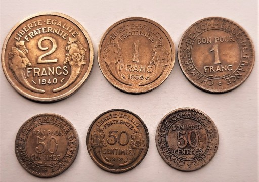 Zdjęcie oferty: 2 franki1940, 1 frank- 2szt, 50 centimes  Francja
