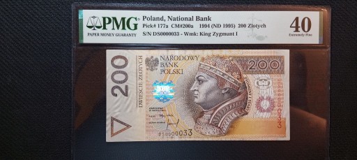 Zdjęcie oferty: Banknot 200zł 1994 DS 0000033 Grading 40epq - niski numer 