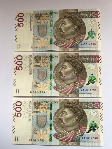 Zdjęcie oferty: Trzy banknoty 500 zł seria AA kolejne numery